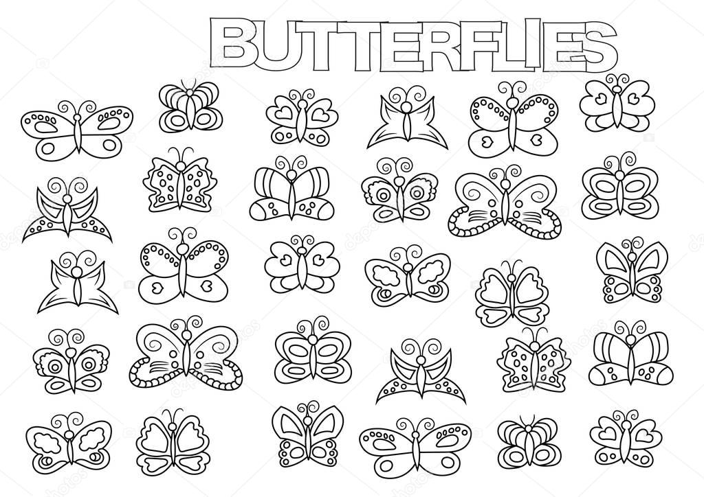 Hand drawn butterflies set. Coloring book page template.  Outline doodle