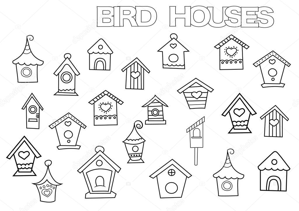Hand drawn bird houses set. Coloring book page template.  Outline doodle