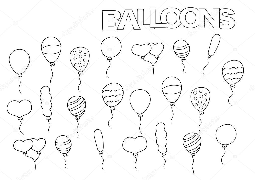 Hand drawn balloons set. Coloring book page template.  Outline doodle