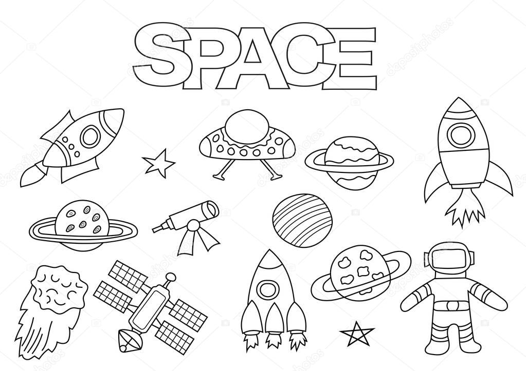 Space elements hand drawn set. Coloring book template.  Outline doodle