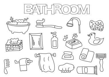 Banyo öğeleri çizilmiş seti ver. Boyama kitabı şablonu. Anahat doodle