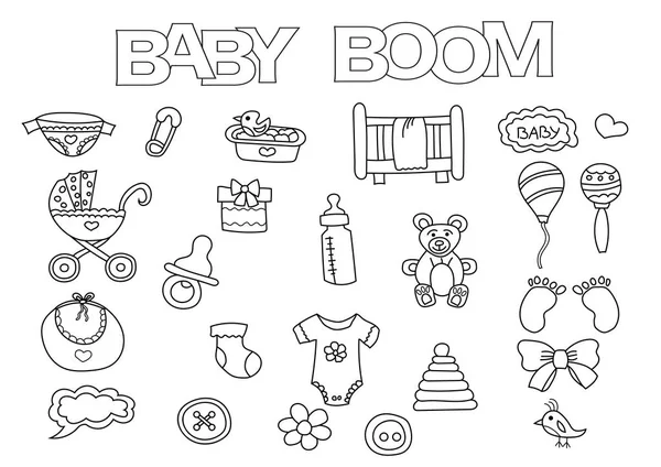 Babyboom element handen ritade set. Färgläggningsschemat bok mall. Kontur doodle — Stock vektor