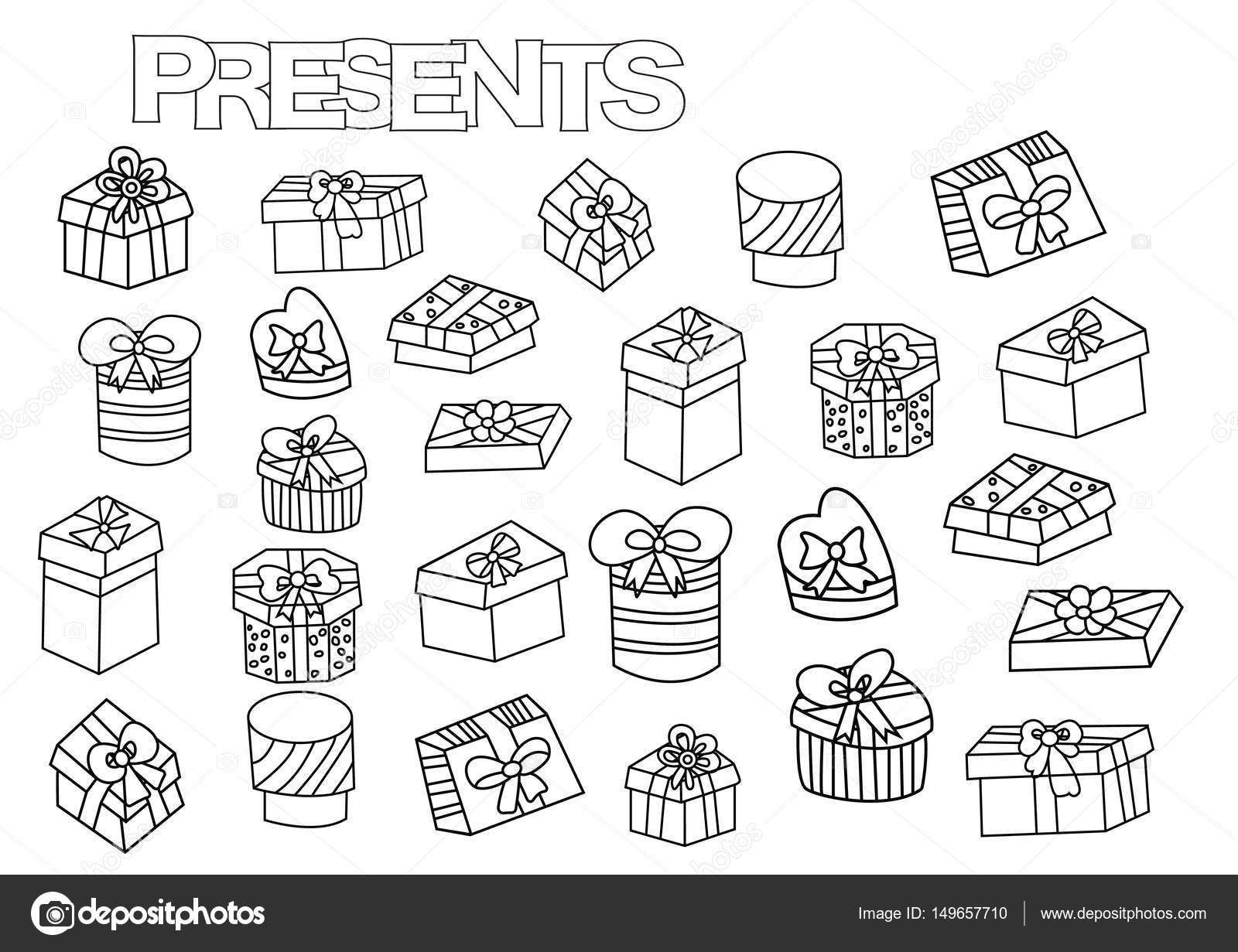 Hand drawn gift boxes set. Coloring book page template with presents ... Hand drawn gift boxes set. Coloring book page template with presents ...