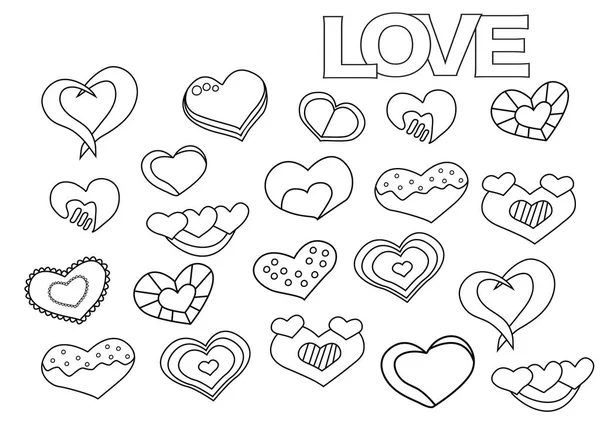 Corazones de San Valentín listos. Plantilla para colorear página del libro. Esquema garabato — Vector de stock