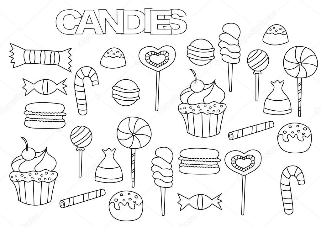 Conjunto de barras de caramelo dibujado a mano. Plantilla para colorear