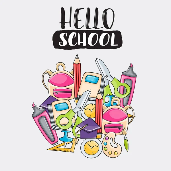 Γεια σας σχολείο doodle clip art ευχετήρια κάρτα — Διανυσματικό Αρχείο