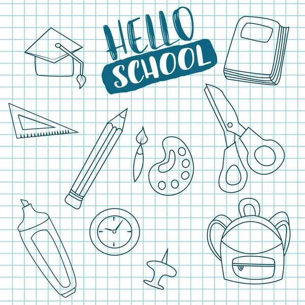 Merhaba okul doodle tebrik kartı — Stok Vektör