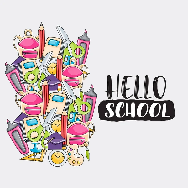 Hello school doodle clip art greeting card — Stock Vector