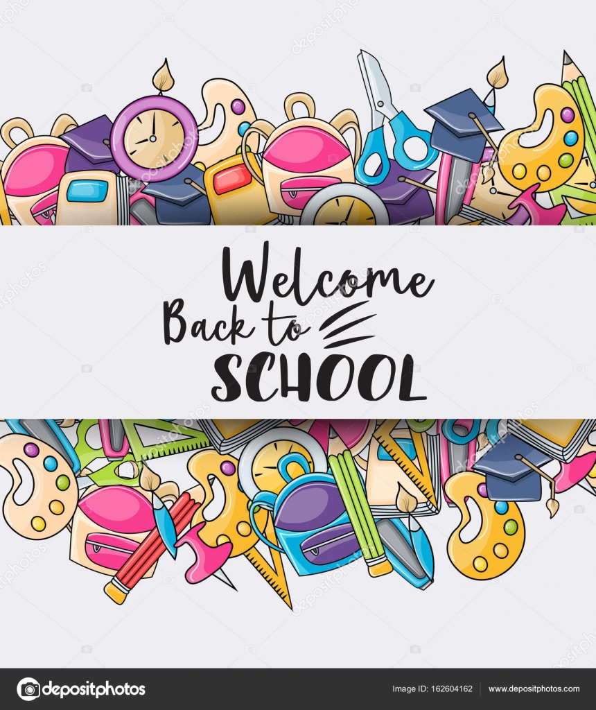 Bienvenida De Vuelta a La Escuela Banner Apple Y Doodle En Papel a
