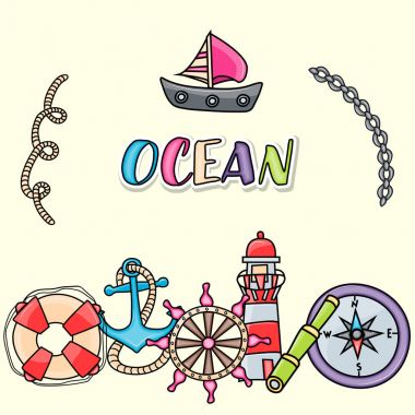 Deniz doodle elemanları, el çizili stil