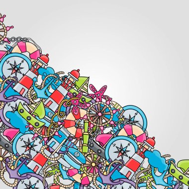 Deniz doodle elemanları, el çekilmiş stili arka plan