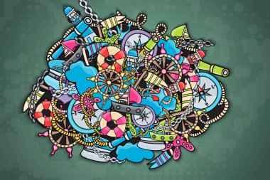 Deniz doodle elemanları, el çekilmiş stili arka plan