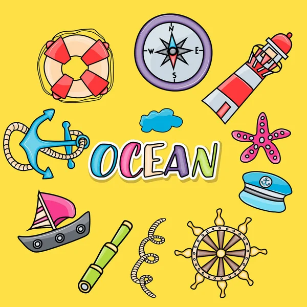 Mořské doodle prvky, ručně tažené stylu — Stockový vektor