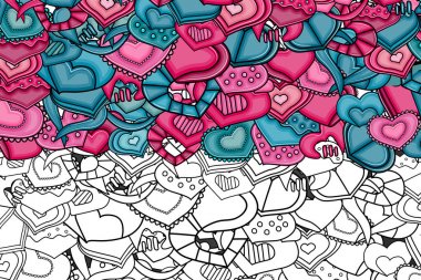 Aşk kalp el çizilmiş doodle çizgi film kartı.