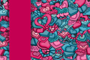 Aşk kalp el çizilmiş doodle çizgi film kartı.