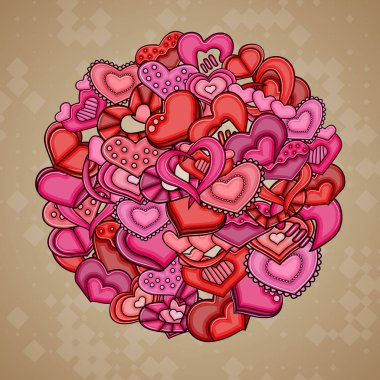 Aşk kalp el çizilmiş doodle çizgi film kartı.