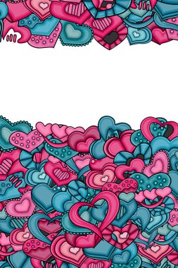 Aşk kalp el çizilmiş doodle çizgi film kartı.