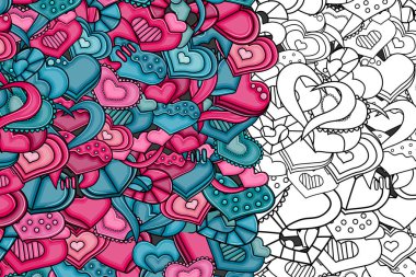 Aşk kalp el çizilmiş doodle çizgi film kartı.