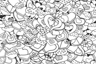 Aşk kalp el çizilmiş doodle çizgi film kartı.