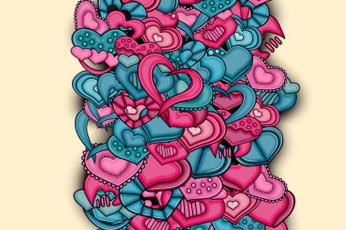 Aşk kalp el çizilmiş doodle çizgi film kartı.