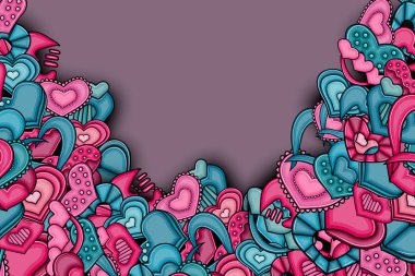 Aşk kalp el çizilmiş doodle çizgi film kartı.