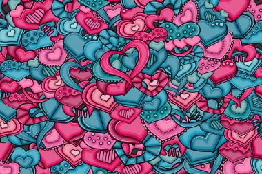 Aşk kalp el çizilmiş doodle çizgi film kartı.