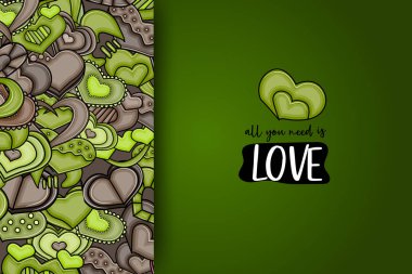 Aşk kalp el çizilmiş doodle çizgi film kartı.