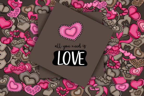 Amor corazones mano dibujado doodle tarjeta de dibujos animados . — Vector de stock