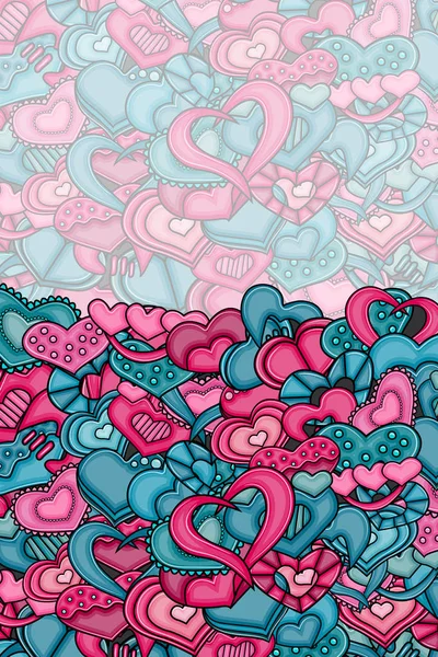 Aşk kalp el çizilmiş doodle çizgi film kartı.