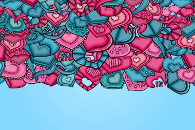 Aşk kalp el çizilmiş doodle çizgi film kartı.