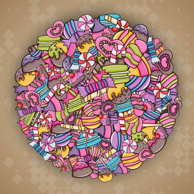 Cartoon doodle arka plan tasarım şeker ve tatlılar.