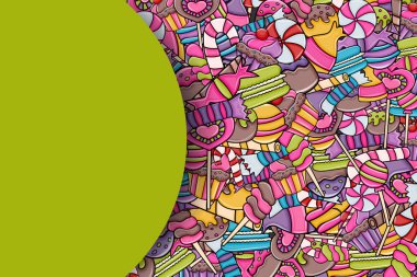 Cartoon doodle arka plan tasarım şeker ve tatlılar.