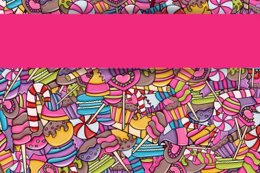 Cartoon doodle arka plan tasarım şeker ve tatlılar.