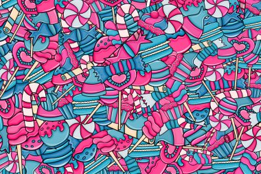 Cartoon doodle arka plan tasarım şeker ve tatlılar.