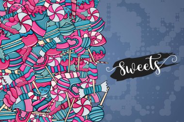 Cartoon doodle arka plan tasarım şeker ve tatlılar.
