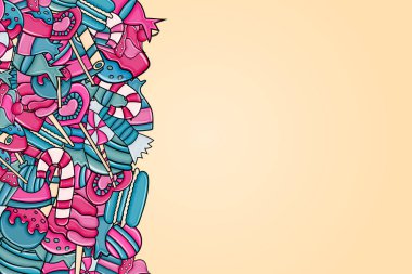 Cartoon doodle arka plan tasarım şeker ve tatlılar.