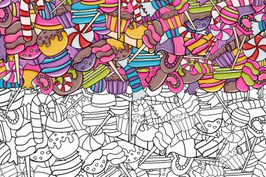 Cartoon doodle arka plan tasarım şeker ve tatlılar.