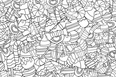 Cartoon doodle arka plan tasarım şeker ve tatlılar.