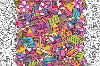 Cartoon doodle arka plan tasarım şeker ve tatlılar.