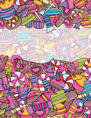 Cartoon doodle arka plan tasarım şeker ve tatlılar.