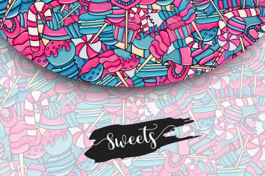 Cartoon doodle arka plan tasarım şeker ve tatlılar.