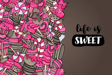 Cartoon doodle arka plan tasarım şeker ve tatlılar.