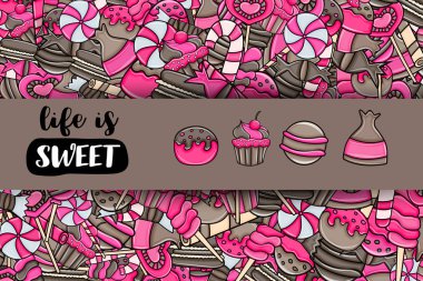 Cartoon doodle arka plan tasarım şeker ve tatlılar.