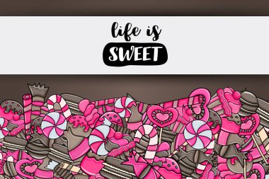 Cartoon doodle arka plan tasarım şeker ve tatlılar.