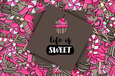 Cartoon doodle arka plan tasarım şeker ve tatlılar.