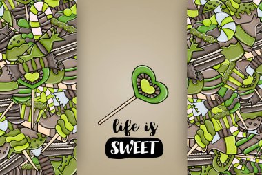 Cartoon doodle arka plan tasarım şeker ve tatlılar.