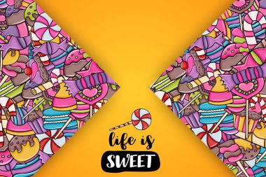 Cartoon doodle arka plan tasarım şeker ve tatlılar.