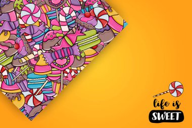 Cartoon doodle arka plan tasarım şeker ve tatlılar.