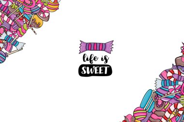 Cartoon doodle arka plan tasarım şeker ve tatlılar.