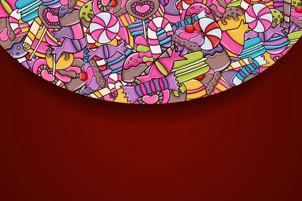 Cukorka és édesség rajzfilm doodle alnyomatban. — Stock Vector